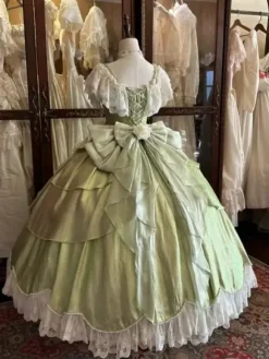 Fairy Lolita Dresses Pink Ball Gown Beaded Flowers Back Bow Lace Bandage Lace Sleeves Lolita Dress