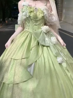 Fairy Lolita Dresses Pink Ball Gown Beaded Flowers Back Bow Lace Bandage Lace Sleeves Lolita Dress