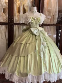 Fairy Lolita Dresses Pink Ball Gown Beaded Flowers Back Bow Lace Bandage Lace Sleeves Lolita Dress