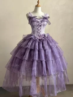 Fairy Lolita Dresses Purple Black Ruffles Corset Lace Bow Bandage Lolita Dress