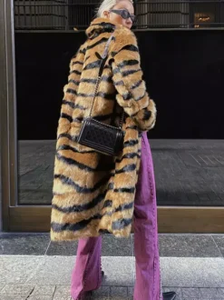 Faux Fur Coat Tiger Print Winter Midi Eco-friendly Fur Coat For Women 2026