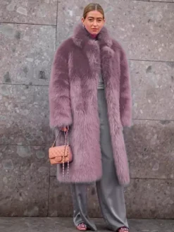Faux Fur Coat With Notched Lapel Solid Color Eco-friendly Winter Long Jacket For Women 2026