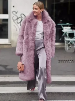 Faux Fur Coat With Notched Lapel Solid Color Eco-friendly Winter Long Jacket For Women 2026