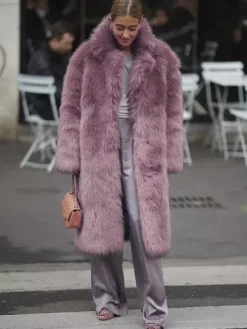 Faux Fur Coat With Notched Lapel Solid Color Eco-friendly Winter Long Jacket For Women 2026
