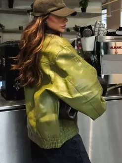 Faux Leather Bomber Jacket In Green Turndown Collar Spring Outerwear For Women 2026
