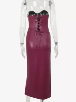 Faux Leather Corset Dress For Women - Wine Red Gothic Lace Up Back Ruched Long Dress - Summer Club Night Outfits 2026