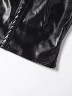 Faux Leather Crop Top For Women - Black Sexy Cutout Mock Neck Short Sleeve Top - Summer Rave Clubwear 2026
