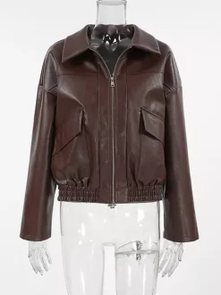 Faux Leather Women's Biker Jacket - Retro Oversized Lapel Collar Moto Coat - Vintage Zip Up Streetwear Spring Outfits 2026