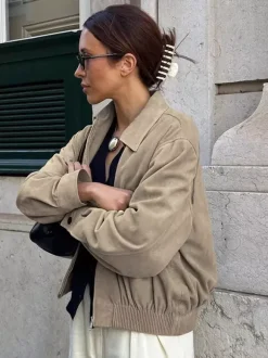 Faux Suede Women's Bomber - Retro Zip Up Elastic Hem Relaxed Fit - Spring Casual Daily Wear 2026