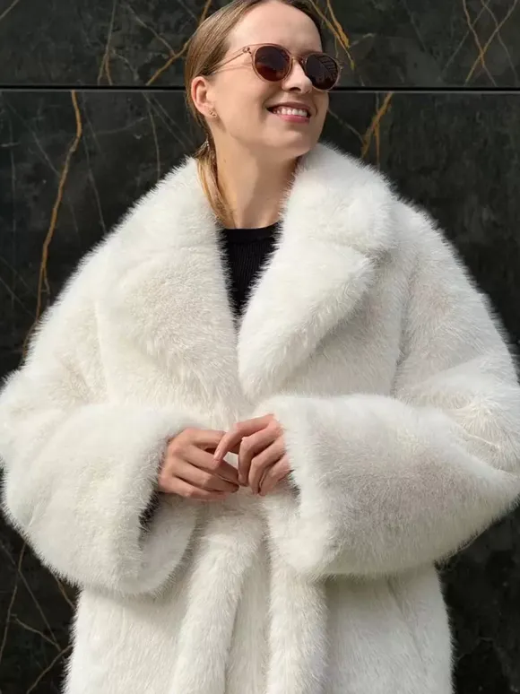 Faux Fur Coat In White Notched Lapel Belted Eco-friendly Winter Long Jacket 2026