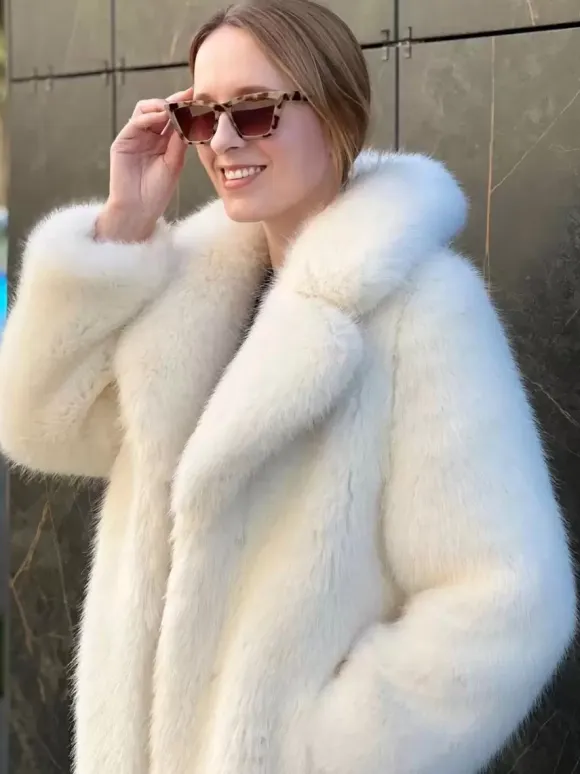 Faux Fur Coat In White Notched Lapel Belted Eco-friendly Winter Long Jacket 2026