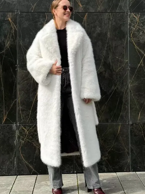 Faux Fur Coat In White Notched Lapel Belted Eco-friendly Winter Long Jacket 2026