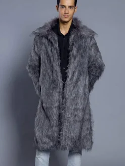 Faux Fur Coat Brown Fluffy Coat Turndown Collar Long Sleeve Men Winter Overcoat