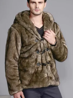 Faux Fur Coat Hooded Horn Toggle Brown Jacket Long Sleeve Men Winter Overcoat