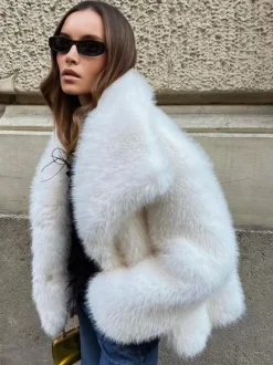 Faux Fur Coat Lapel Chic White Winter Eco-friendly Fur Jacket