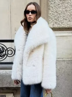 Faux Fur Coat Lapel Chic White Winter Eco-friendly Fur Jacket