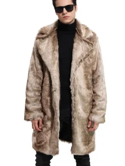 Faux Fur Coat Light Brown Casual Overcoat Two Tone Pattern Notch Collar Men Winter Overcoat