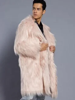 Faux Fur Coat Men Overcoat Salmon Turndown Collar Long Sleeve Winter Coat