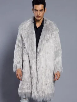 Faux Fur Coat Men Overcoat Salmon Turndown Collar Long Sleeve Winter Coat