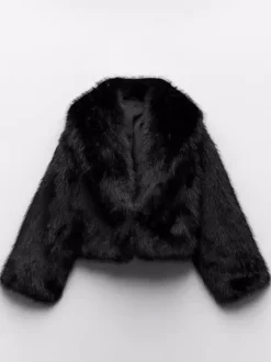 Faux Fur Coats Black No Waistline Long Sleeves Oversized Winter Coat