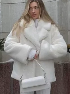 Faux Fur Coats Chic Turndown Collar White Winter Long Jacket For Women 2026