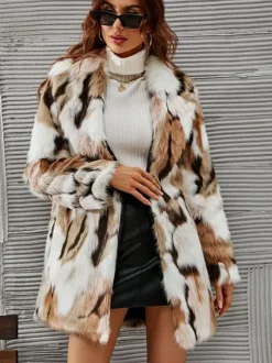 Faux Fur Coats Coffee BrownTwo-Tone Women Eco-friendly Fur Coat