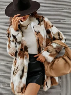 Faux Fur Coats Coffee BrownTwo-Tone Women Eco-friendly Fur Coat