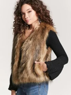 Faux Fur Coats Coffee Brown Sleeveless Faux Fur Jacket Eco-friendly Fur Coat