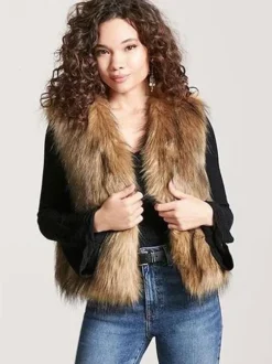 Faux Fur Coats Coffee Brown Sleeveless Faux Fur Jacket Eco-friendly Fur Coat