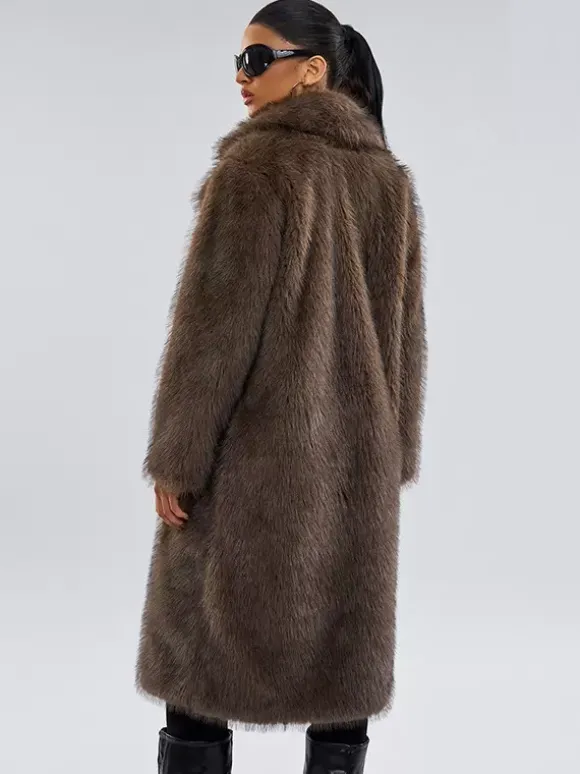 Faux Fur Coats In Deep Brown Notched Lapel Oversized Winter Long Jacket For Women 2026
