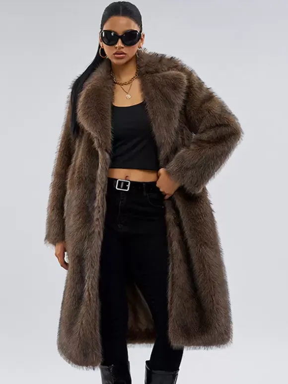 Faux Fur Coats In Deep Brown Notched Lapel Oversized Winter Long Jacket For Women 2026