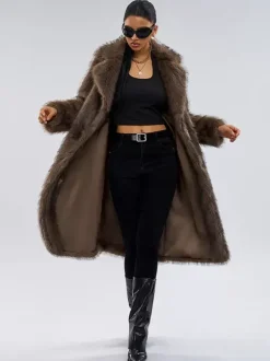 Faux Fur Coats In Deep Brown Notched Lapel Oversized Winter Long Jacket For Women 2026