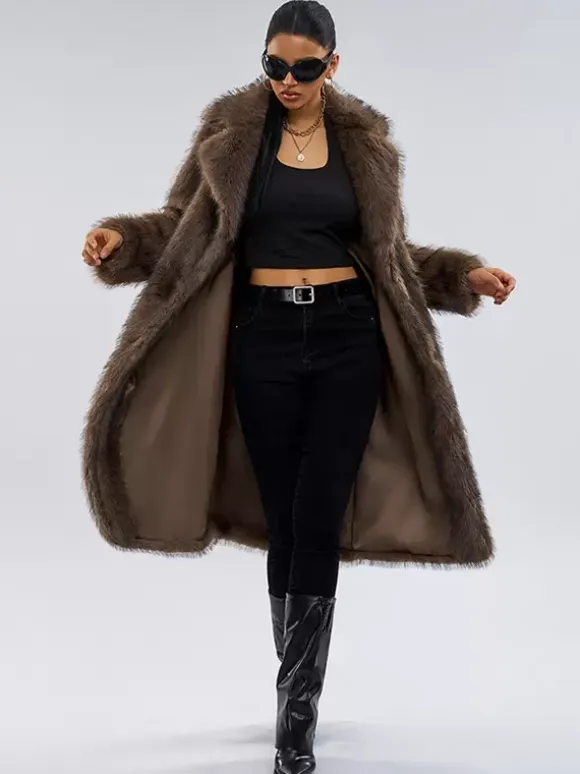 Faux Fur Coats In Deep Brown Notched Lapel Oversized Winter Long Jacket For Women 2026