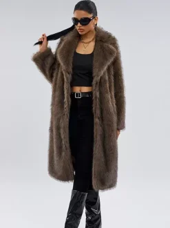 Faux Fur Coats In Deep Brown Notched Lapel Oversized Winter Long Jacket For Women 2026