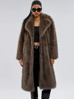 Faux Fur Coats In Deep Brown Notched Lapel Oversized Winter Long Jacket For Women 2026
