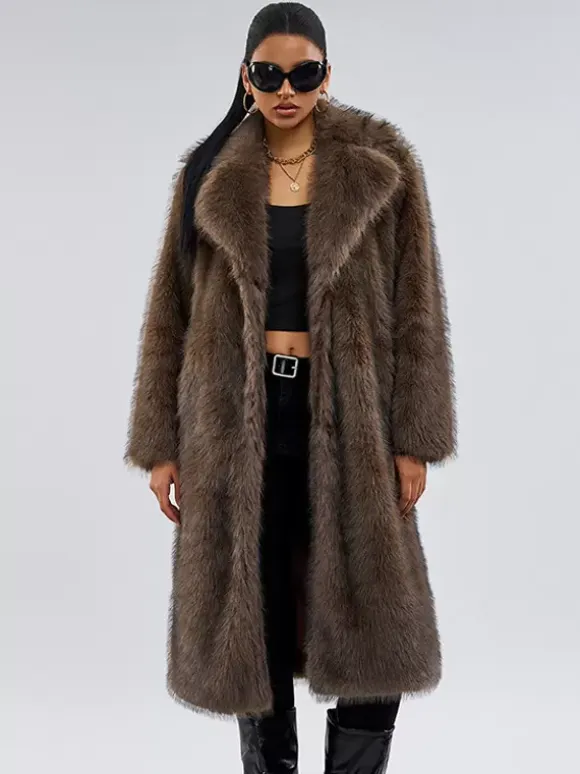 Faux Fur Coats In Deep Brown Notched Lapel Oversized Winter Long Jacket For Women 2026