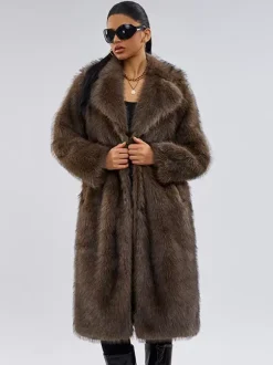 Faux Fur Coats In Deep Brown Notched Lapel Oversized Winter Long Jacket For Women 2026