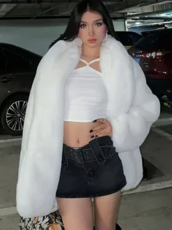 Faux Fur Coats Long Sleeves Chic Oversized Turndown Collar White Women Coat