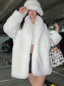 Faux Fur Coats Long Sleeves Chic Oversized Turndown Collar White Women Coat