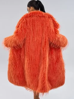 Faux Fur Coats Orange No Waistline Long Sleeves Faux Fur Coat Oversized Women Coat