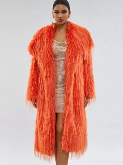 Faux Fur Coats Orange No Waistline Long Sleeves Faux Fur Coat Oversized Women Coat