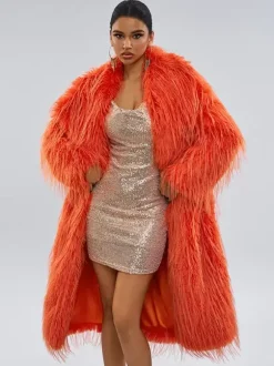 Faux Fur Coats Orange No Waistline Long Sleeves Faux Fur Coat Oversized Women Coat