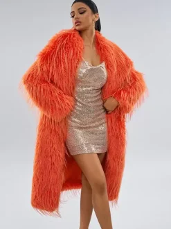Faux Fur Coats Orange No Waistline Long Sleeves Faux Fur Coat Oversized Women Coat