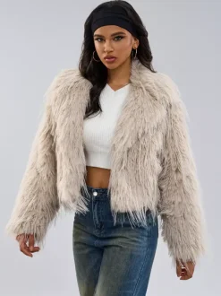 Faux Fur Coats Apricot Long Sleeves Faux Fur Jacket Winter Coat