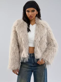 Faux Fur Coats Apricot Long Sleeves Faux Fur Jacket Winter Coat