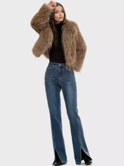 Faux Fur Coats Apricot Long Sleeves Faux Fur Jacket Winter Coat
