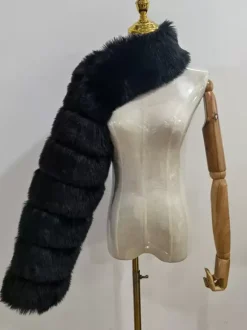 Faux Fur Coats Black No Waistline Asymmetrical Women Coat