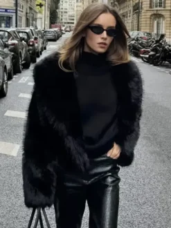 Faux Fur Coats Black Raised Waist Long Sleeves Faux Fur Jacket Winter Coat