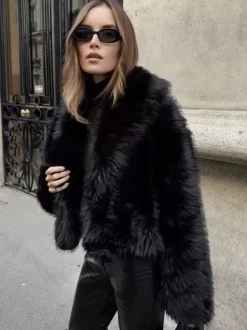 Faux Fur Coats Black Raised Waist Long Sleeves Faux Fur Jacket Winter Coat