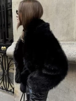 Faux Fur Coats Black Raised Waist Long Sleeves Faux Fur Jacket Winter Coat